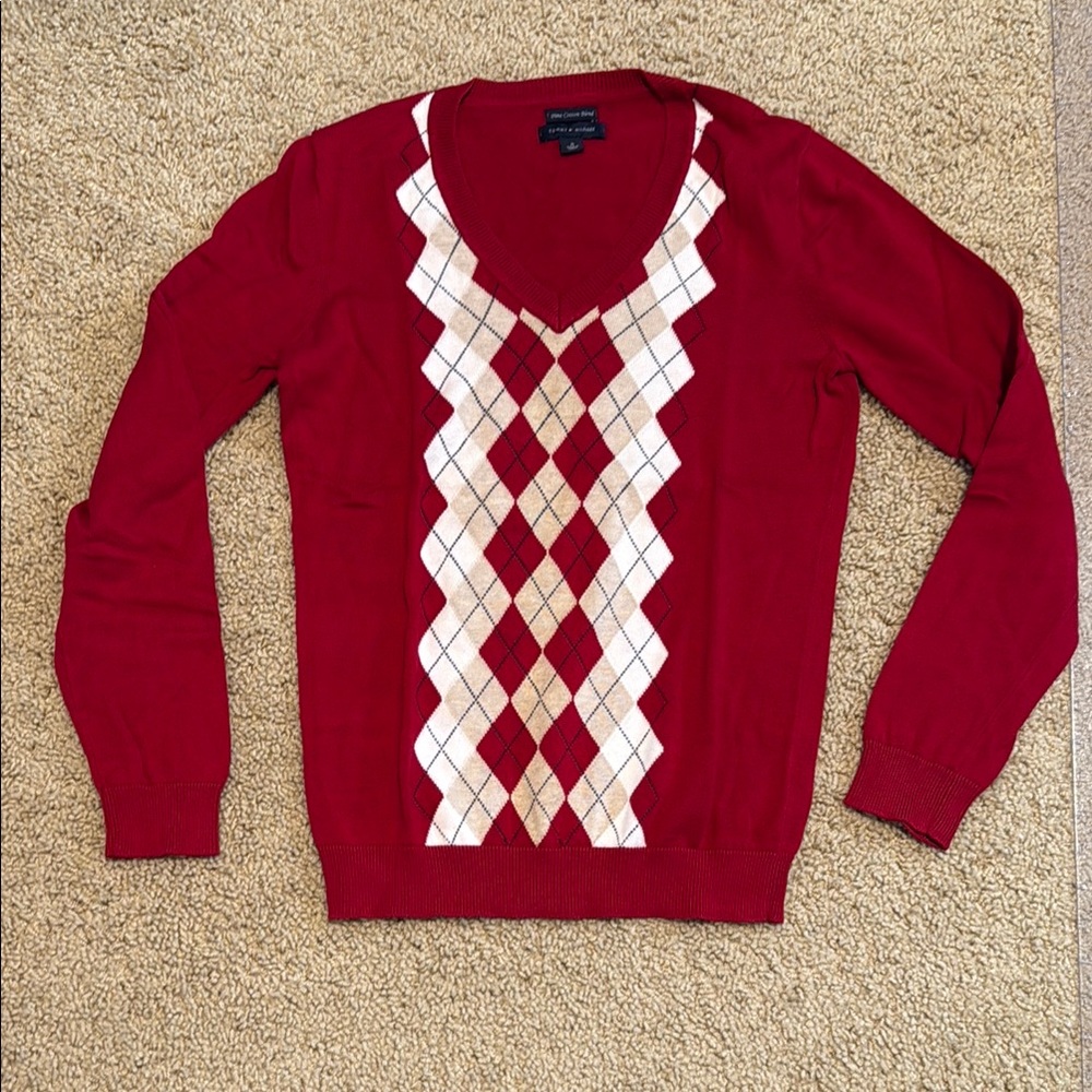 Tommy Hilfiger Red and White V-Neck Sweater